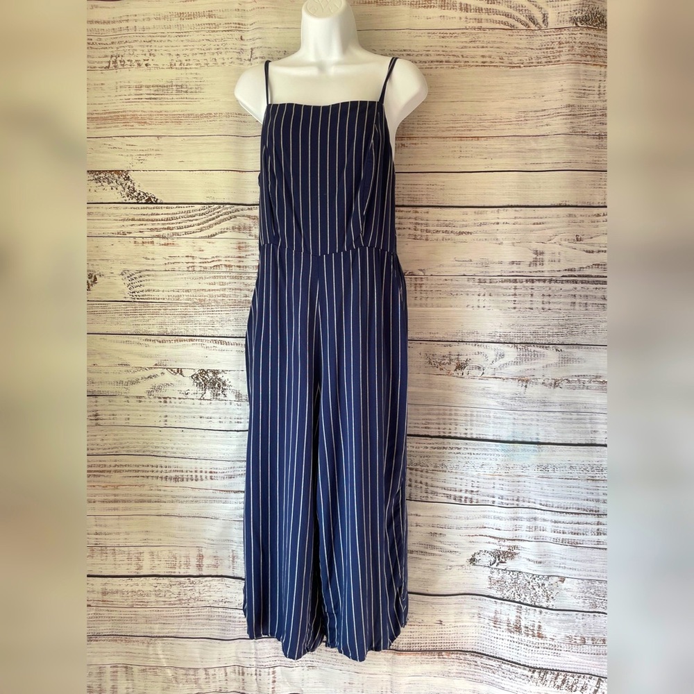 Navy Blue Pinstripe Ankle Cropped Linen Jumpsuit with side pockets by Old Navy